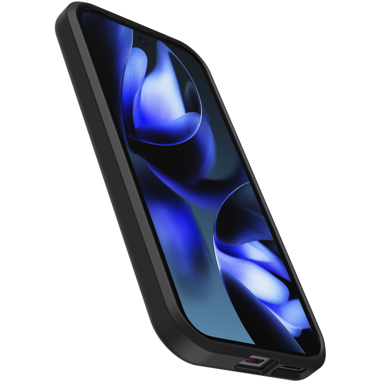 Een zwarte smartphonehoes wordt schuin getoond en onthult het scherm van de telefoon met een blauw, abstract ontwerp. De achtergrond is wit.