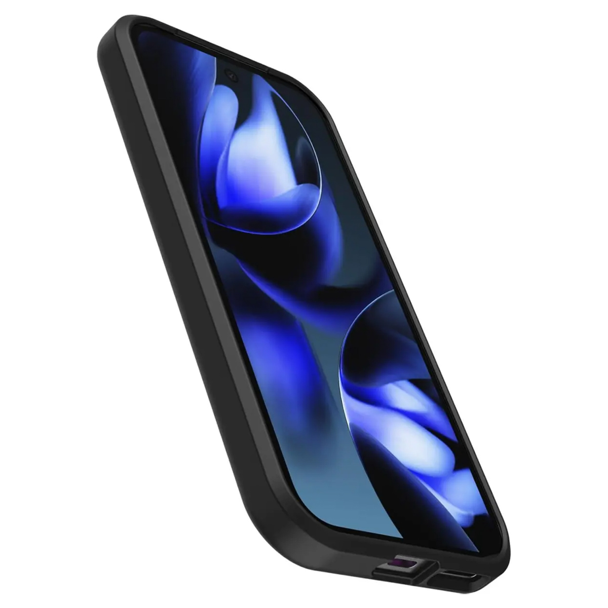 Een zwarte smartphone met hoesje, schuin opzij. Het scherm toont een blauw abstract patroon tegen een witte achtergrond.