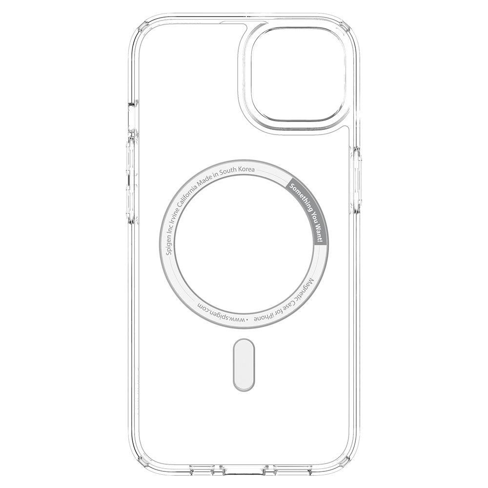 Coque iPhone transparente. La coque a une découpe pour l'appareil photo, un anneau magnétique et le texte "Something You Want!" et "Magnetic Case for iPhone".