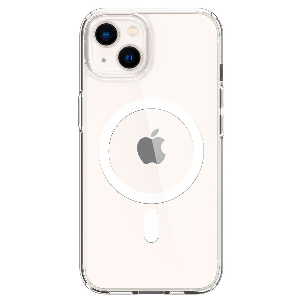 Coque iPhone transparente avec logo Apple. Double caméra en haut à gauche. Un cercle blanc entoure le logo Apple.