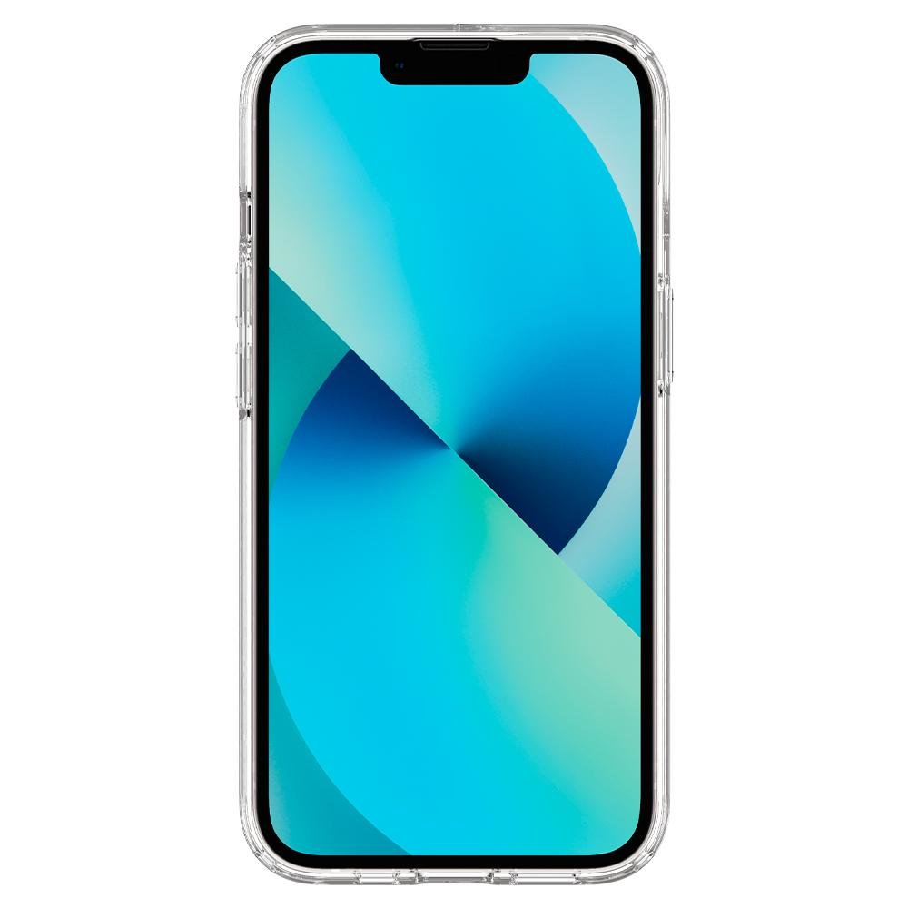Un iPhone 13 dans un étui transparent. L'écran affiche un motif abstrait bleu et blanc. Le téléphone est centré sur un fond blanc.