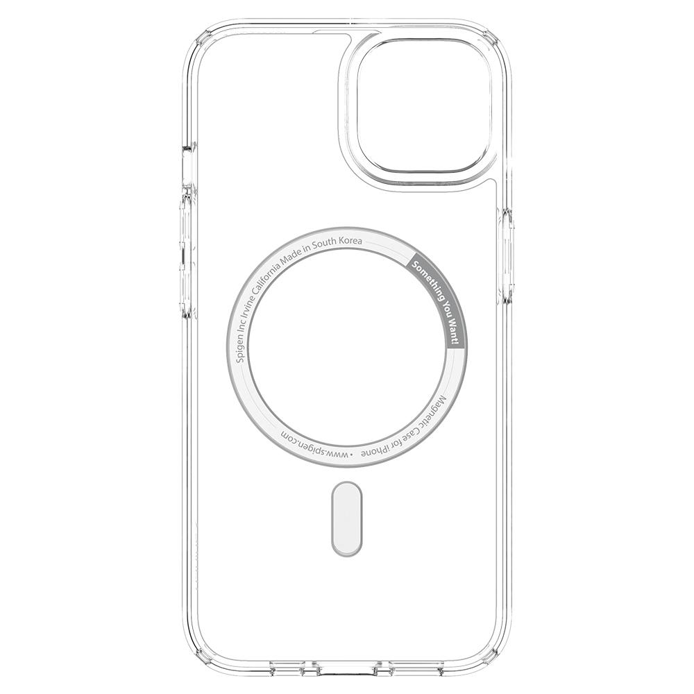 Une coque transparente pour iPhone est affichée. Elle possède une zone MagSafe circulaire avec le texte 'Something You Want!'. De Spigen.
