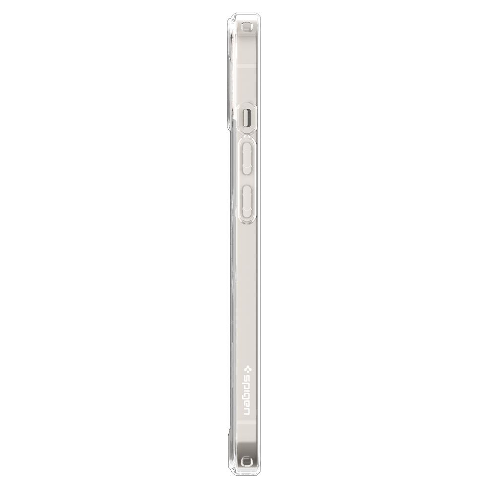 Une coque de téléphone Spigen transparente est montrée de côté. Elle est transparente, fine et porte un logo Spigen.