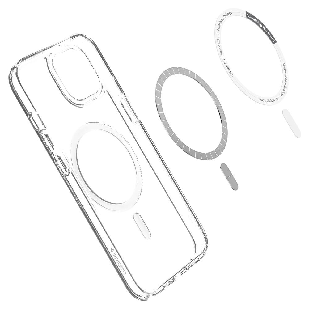 Une coque de téléphone transparente avec un anneau magnétique et des composants d'anneau séparés, avec le logo Spigen en bas.