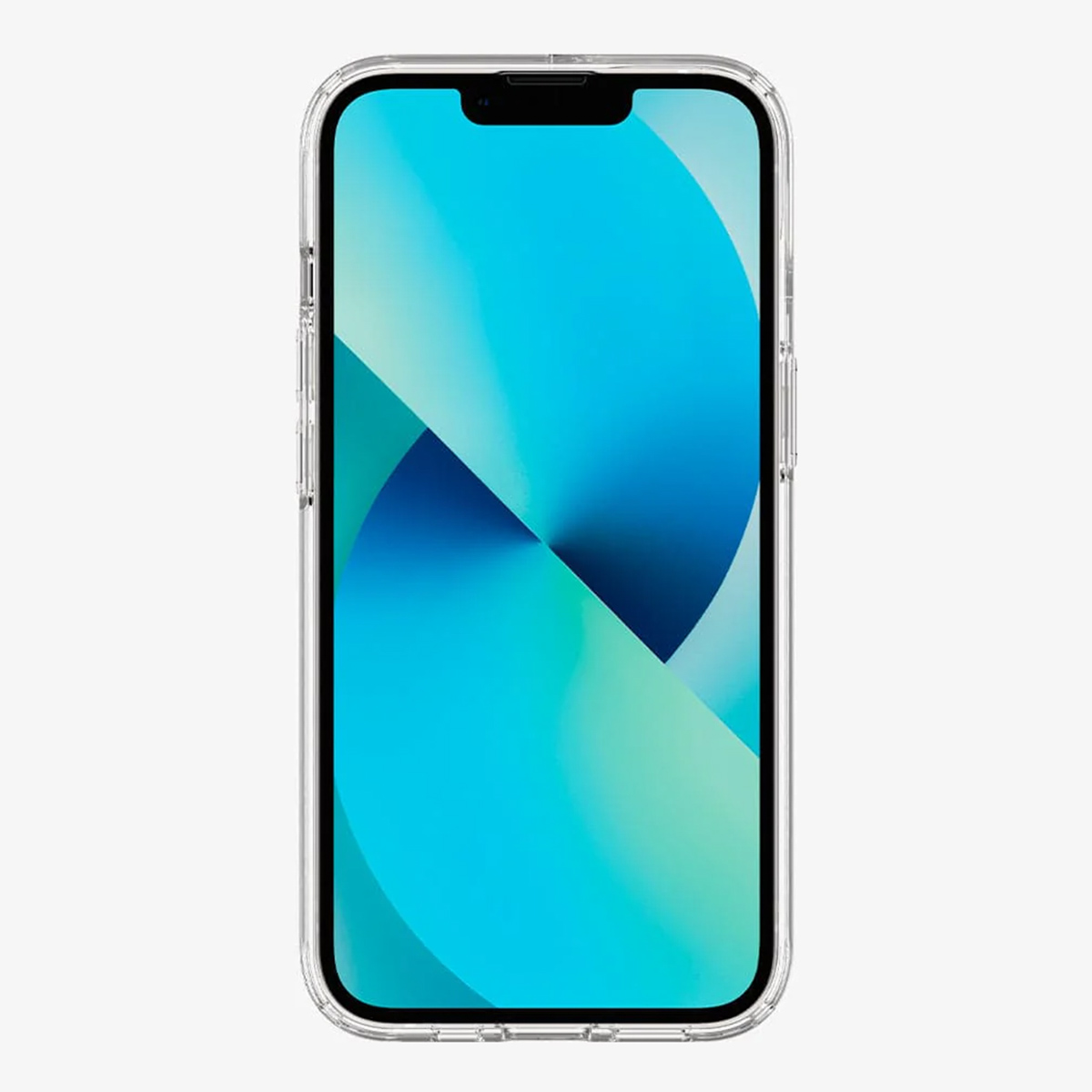 Un iPhone 13 dans un étui transparent. L'écran affiche un dégradé bleu et turquoise. Le fond est blanc.