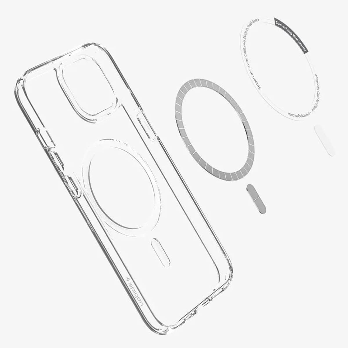 Coque de téléphone transparente et composants d'anneau magnétique. Le boîtier est transparent. Texte: 'Something You Want! Magnetic Case for iPhone'.
