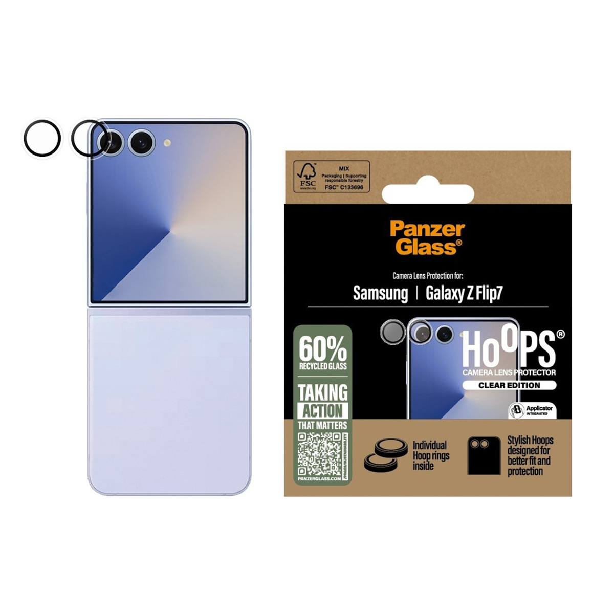 Un Samsung Galaxy Z Flip7 con protezioni per lenti e confezione. Sulla confezione c'è scritto "Panzer Glass" e "Hoops".