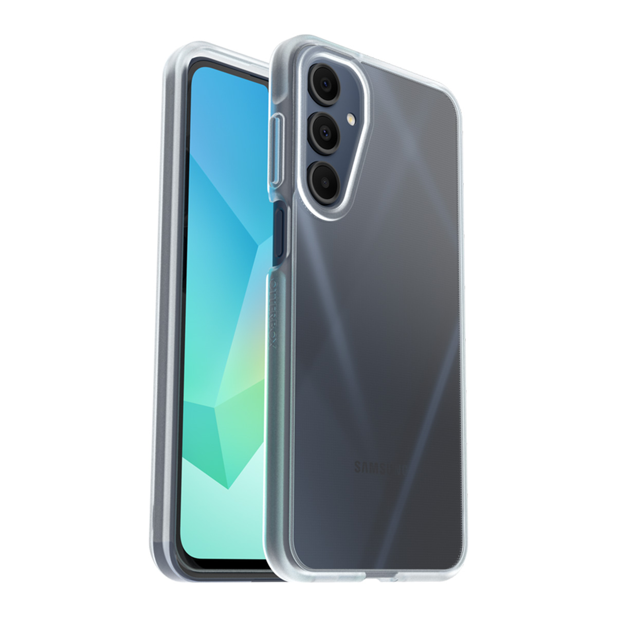 Une coque de téléphone transparente à côté d'un téléphone avec un écran bleu. La coque a une découpe caméra.