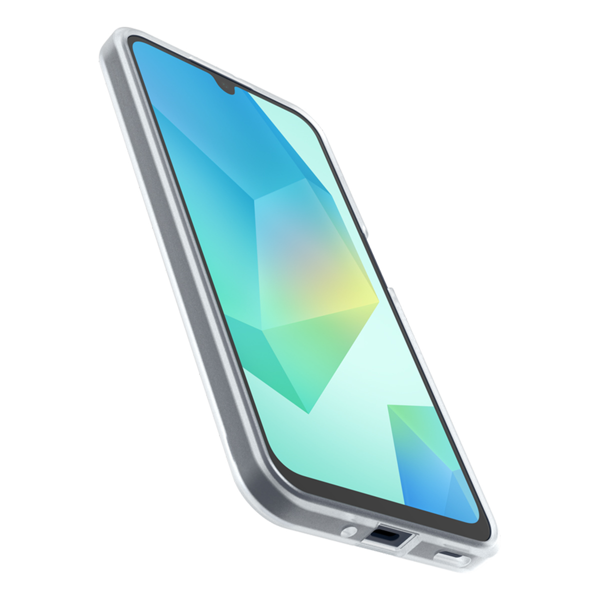 Un smartphone dans un étui argenté. L'écran affiche un motif géométrique de formes bleues, vertes et jaunes.