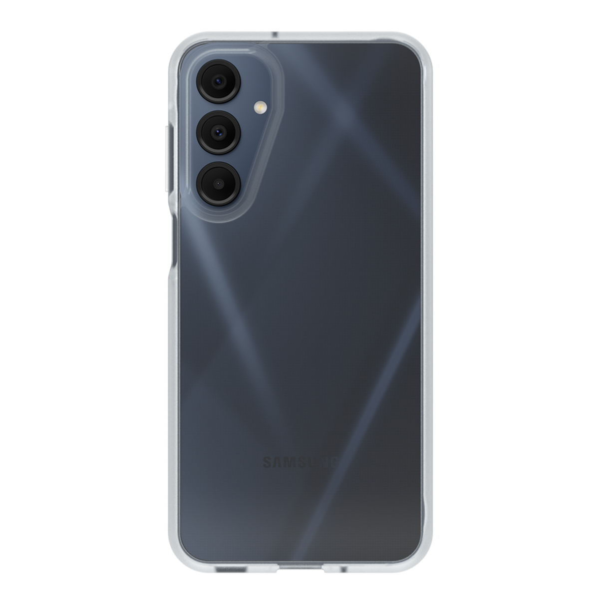 Un téléphone Samsung dans une coque transparente. Il a trois objectifs et un flash. L'arrière est gris foncé.