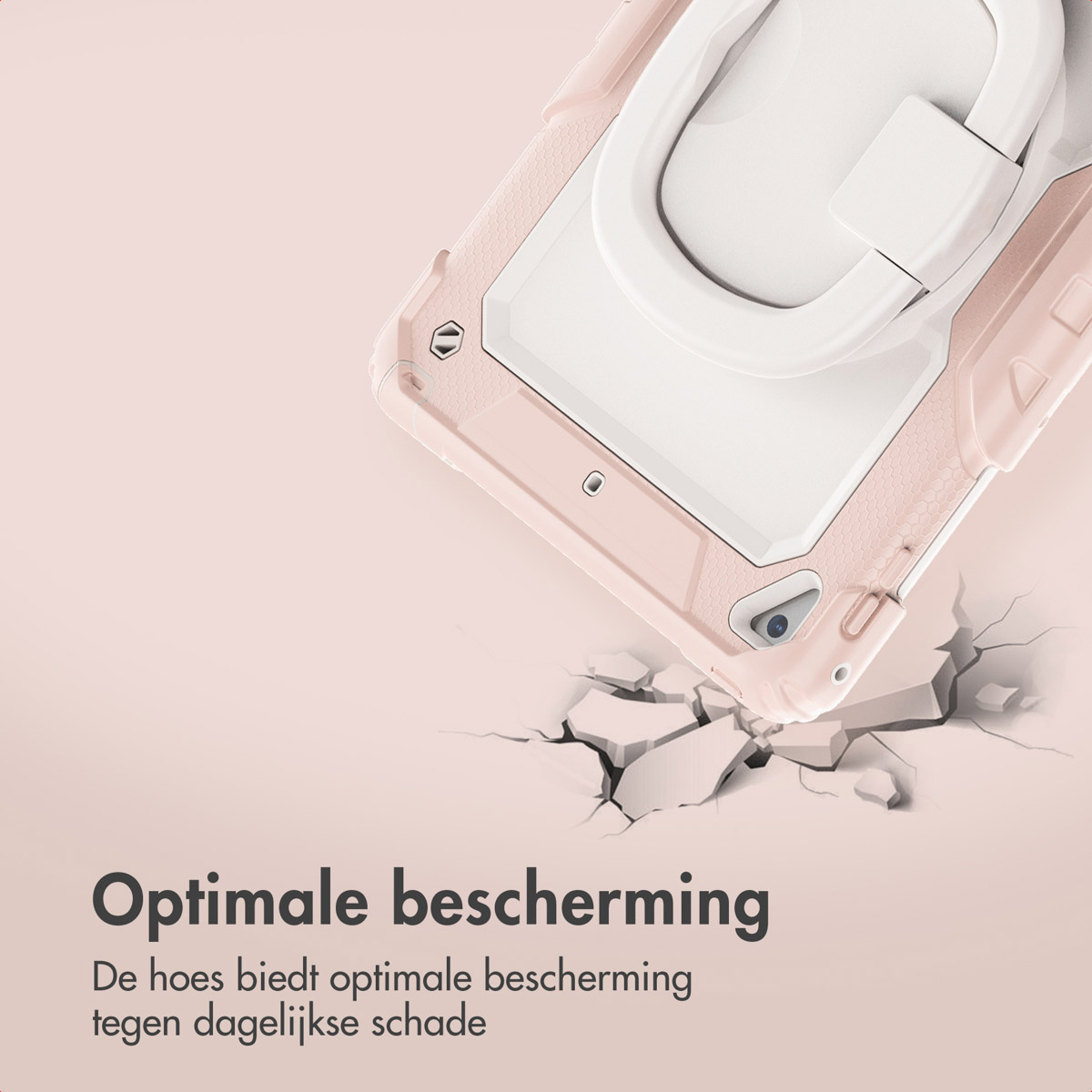Custodia rosa per tablet con manico bianco, che spacca la superficie. Testo: Protezione ottimale, la custodia offre una protezione ottimale dai danni quotidiani.