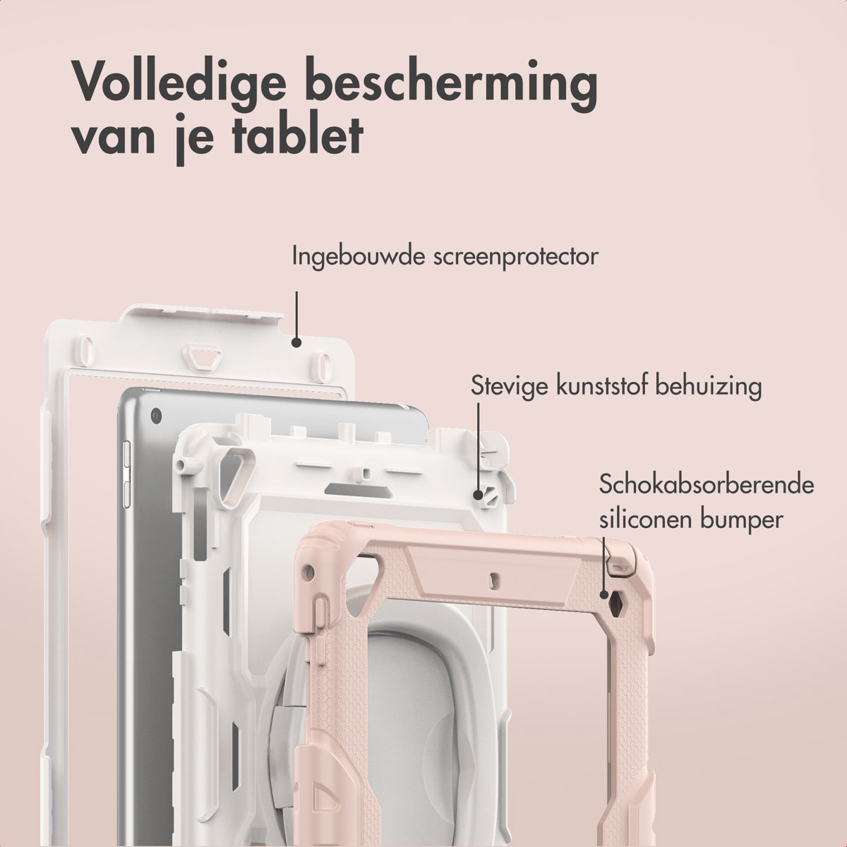 Diagramma di una custodia per tablet con etichette: protezione schermo, alloggiamento in plastica e paraurti in silicone. La custodia è bianca e rosa.
