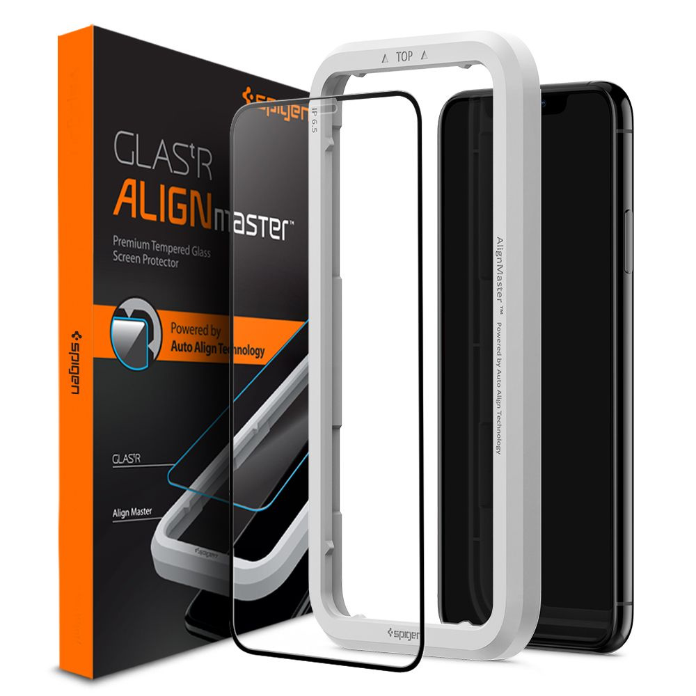 Een kit voor een telefoonschermbeschermer. Het bevat een zwarte doos, een wit frame en een zwarte telefoon. Op de doos staat 'GLASR AlignMaster'.