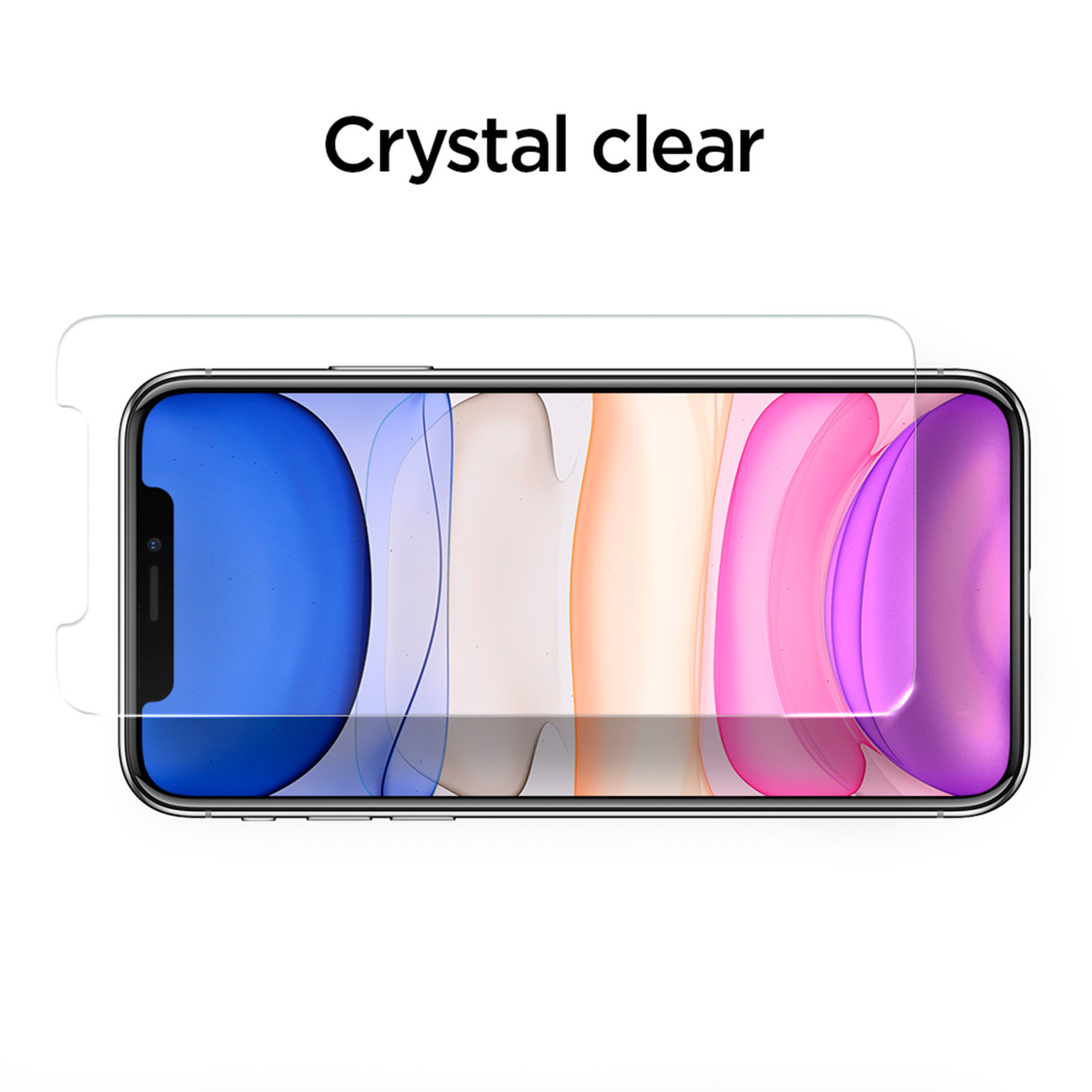Een smartphone met een schermbeschermer. Het scherm toont een kleurverloop. Boven staat 'Crystal clear'.