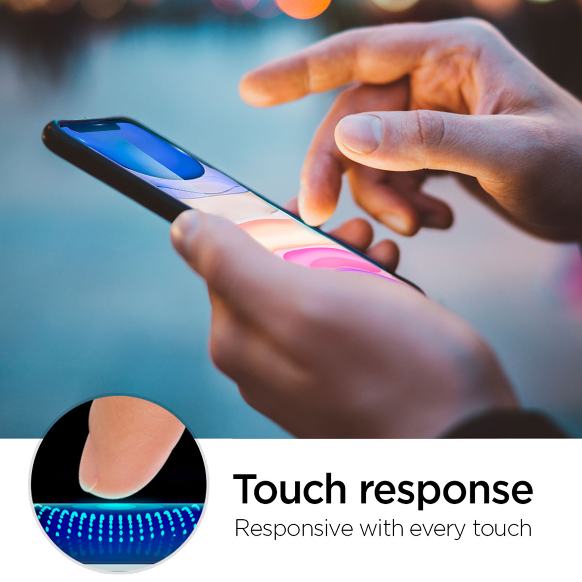 Een persoon gebruikt een smartphone. Het scherm toont kleurrijke afbeeldingen. De vingers raken het scherm aan. De afbeelding toont aanraakrespons.
