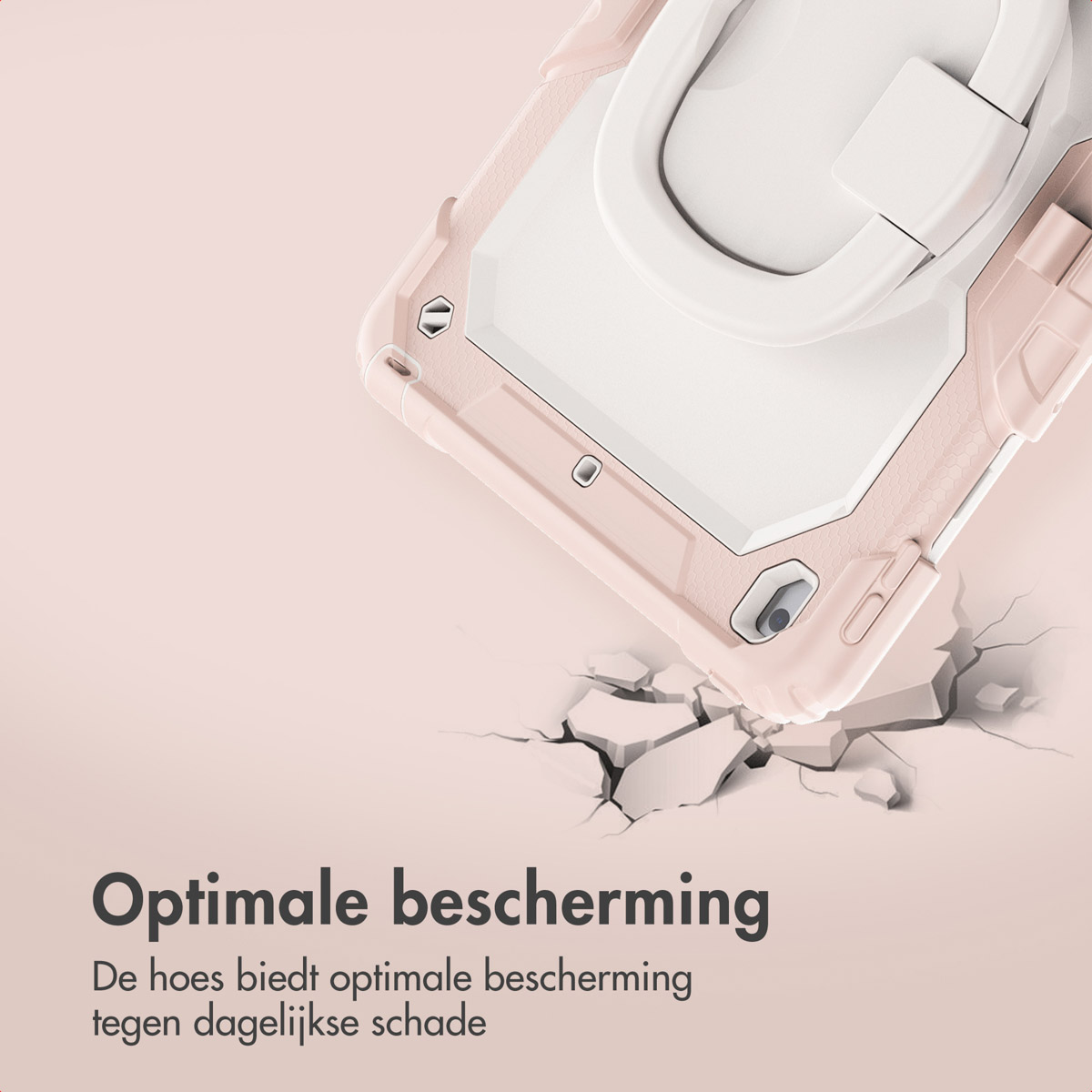 Una custodia rosa per tablet con supporto bianco su una superficie rosa. La superficie è incrinata, suggerendo protezione. Testo in basso.
