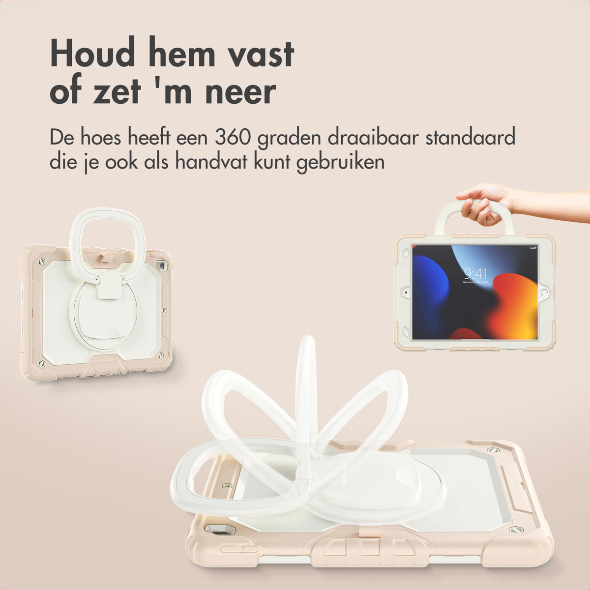 Una custodia beige per tablet con maniglia. Una mano che tiene un tablet. Testo in olandese. Supporto rotante a 360 gradi.