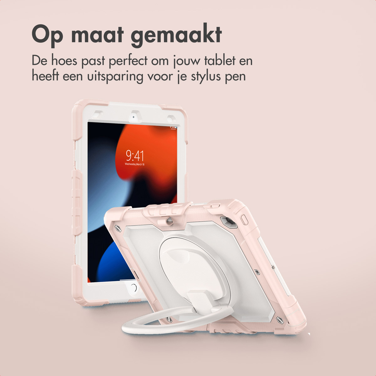 Viene mostrato un tablet in una custodia rosa con supporto ad anello. Lo schermo mostra le 9:41. Il testo olandese dice che la custodia si adatta perfettamente.