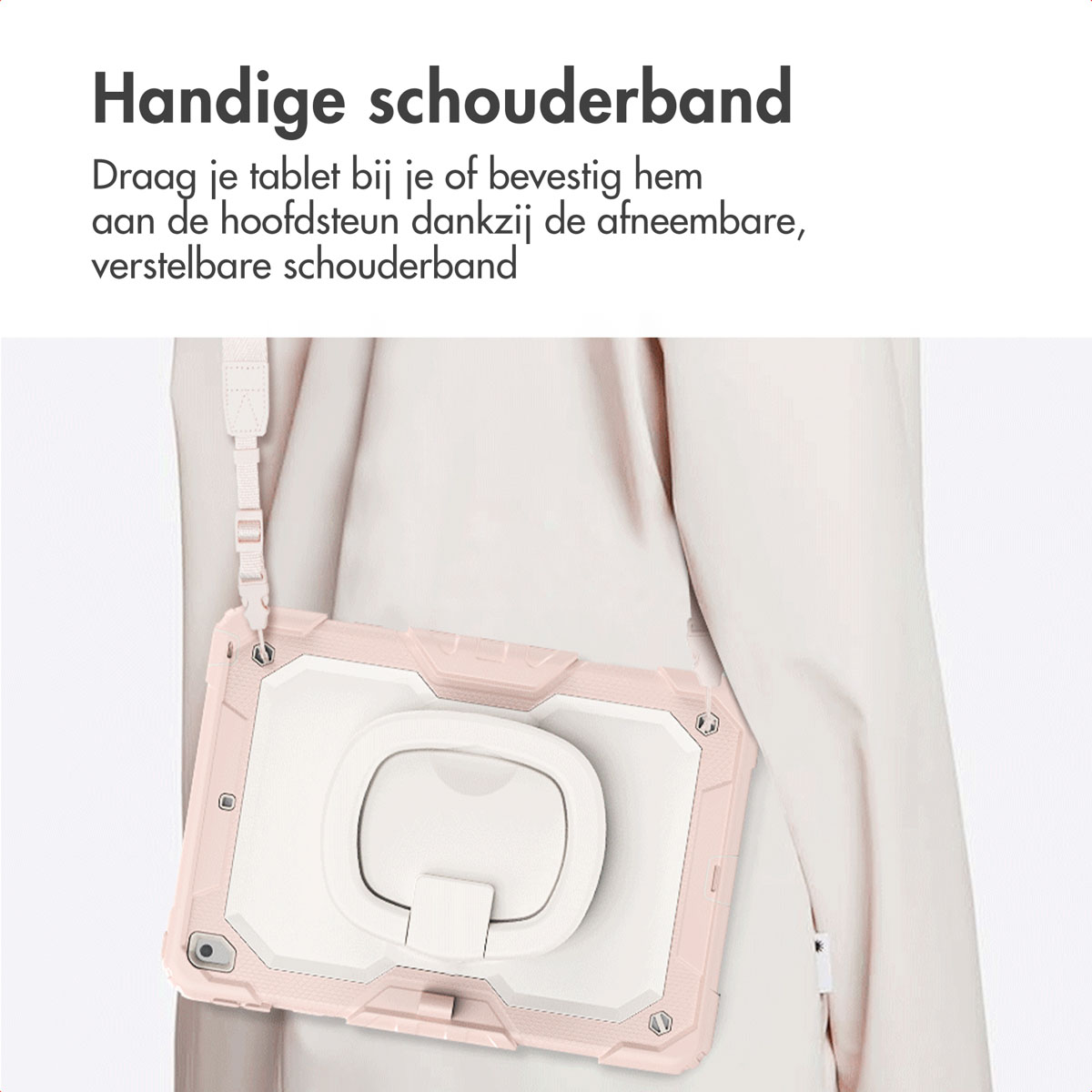 Una custodia rosa per tablet con impugnatura bianca è mostrata, appesa a una tracolla. La custodia ha un design robusto.