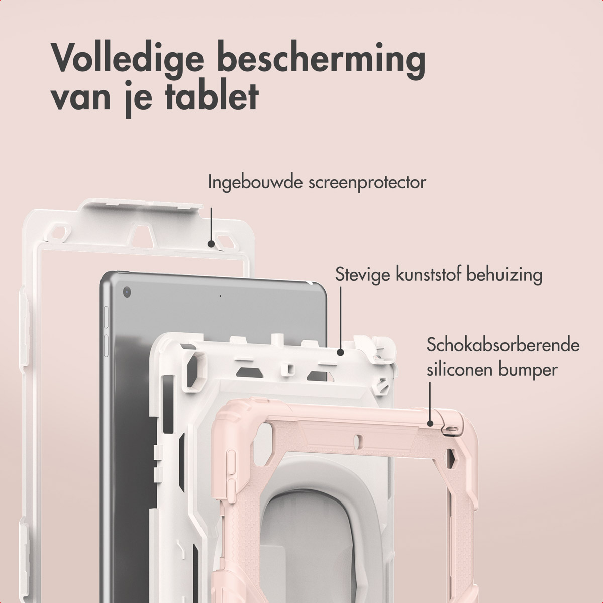 Diagramma di un tablet con strati protettivi: protezione schermo, custodia in plastica e paraurti in silicone. Testo in olandese.