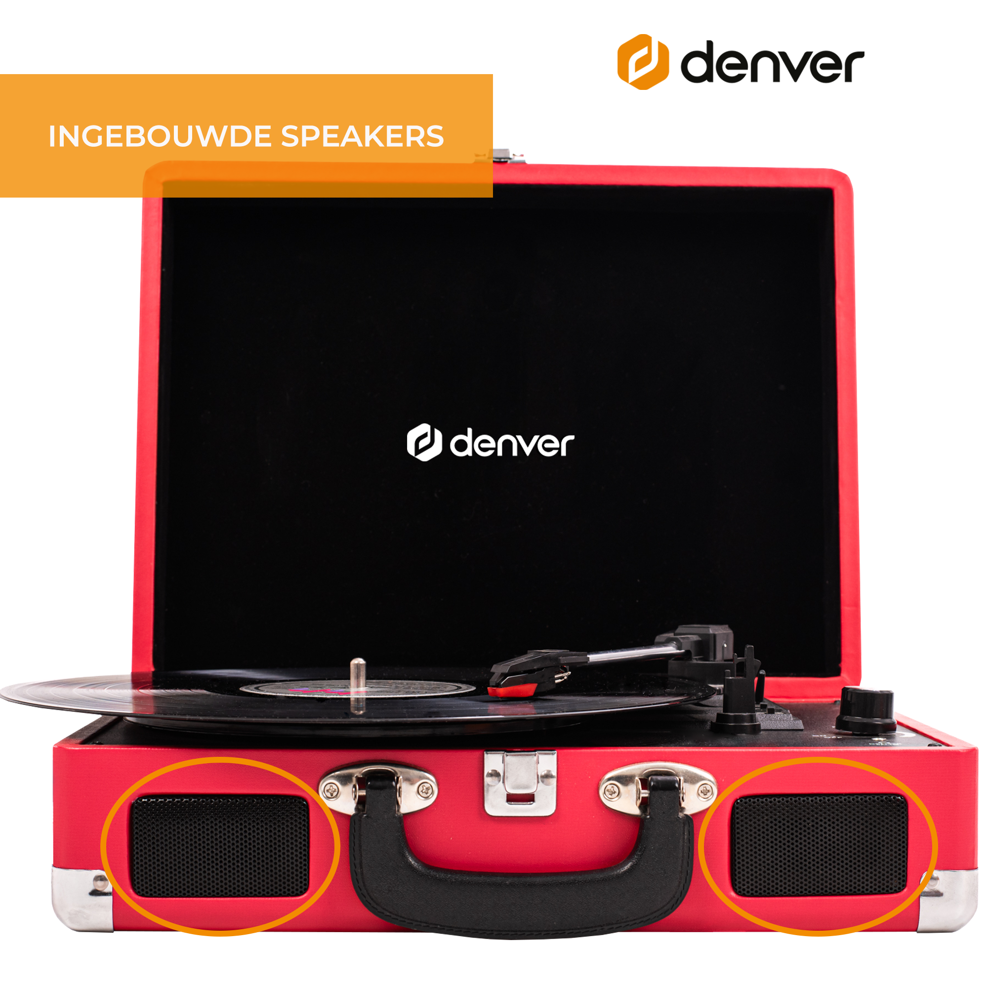 Tocadiscos rojo con altavoces integrados. Logotipo de Denver visible. Asa y cierres metálicos presentes. El disco está en el tocadiscos.