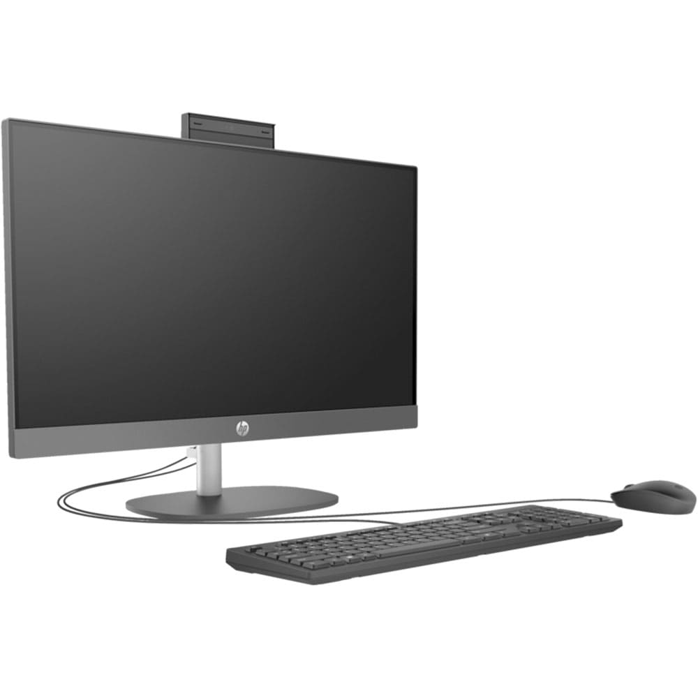 Gri renkli bir HP hepsi bir arada bilgisayar, klavye ve fare ile sergileniyor. Ekran siyah, altında HP logosu var.