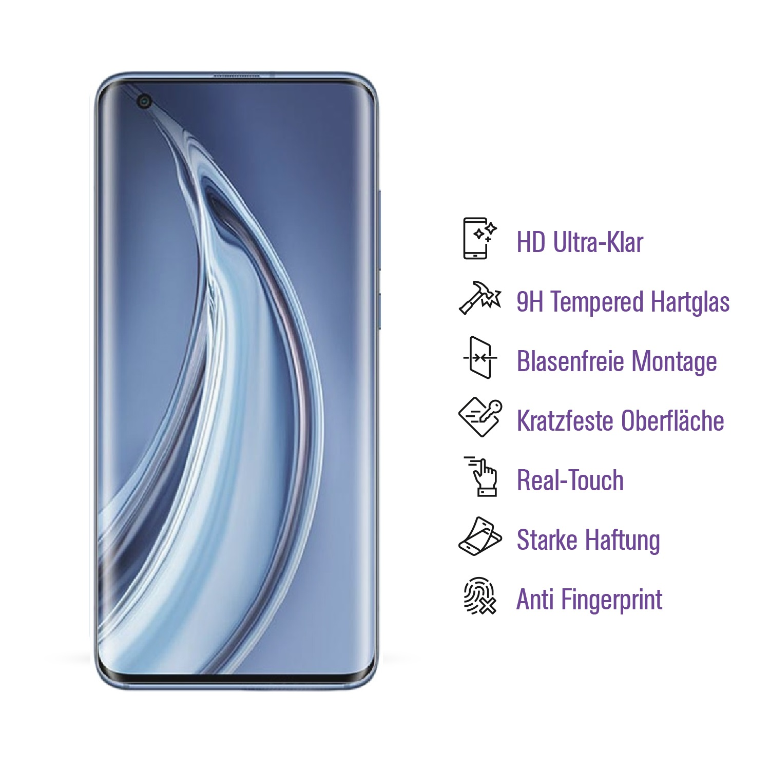 Ein Smartphone-Bildschirm mit blauem Farbverlauf. Text beschreibt Funktionen wie HD-Klarheit, Hartglas und Anti-Fingerprint.