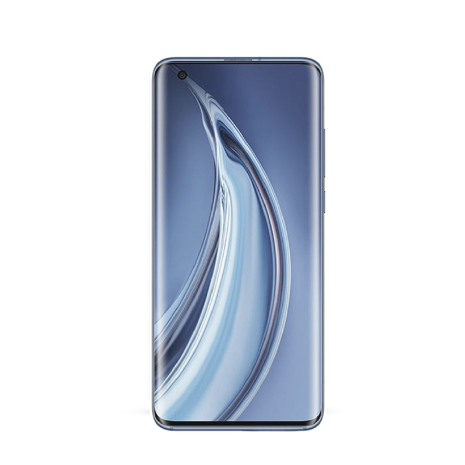 Ein Smartphone mit gewölbtem Bildschirm zeigt ein blaues, fließendes abstraktes Design vor weißem Hintergrund.