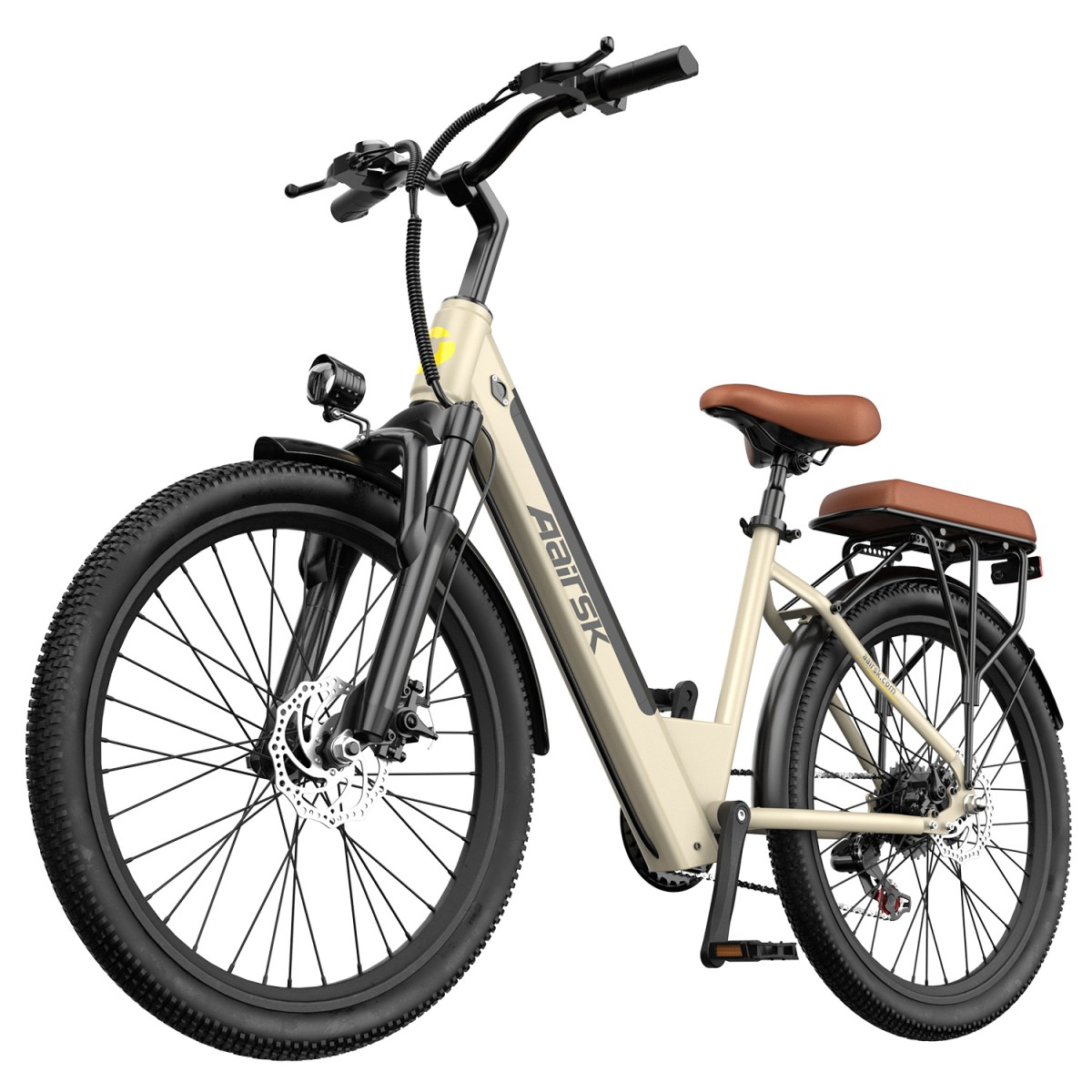 Ein Elektrofahrrad mit beigem Rahmen, schwarzen Reifen, braunem Sitz und Gepäckträger. Der Markenname 'Aairsk' ist sichtbar.