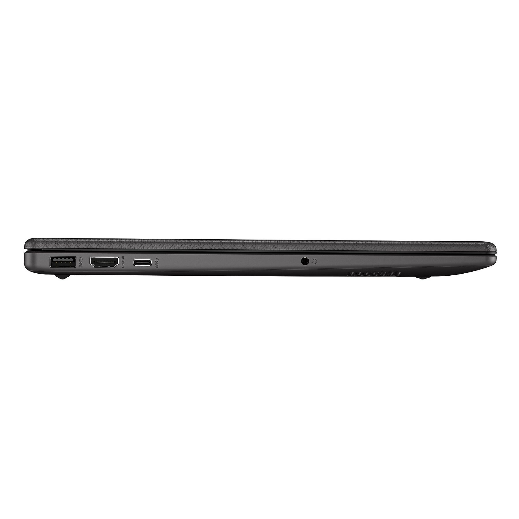 Vista laterale di un laptop nero. Le porte includono USB, HDMI e jack audio. Il laptop è chiuso.