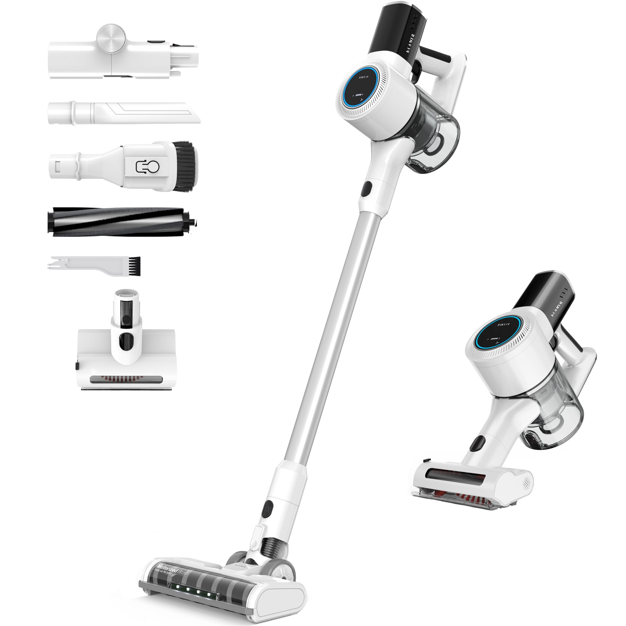 KLAMER Akku-Hand-und Stielstaubsauger 420 Watt Kabelloser, 2 Akkus, Flexibler Handstaubsauger mit verschied…, 420 W, beutellos, 25,2V Akku, LED Display & Frontlicht, Leichte Steuerung, 3 Aufsätze