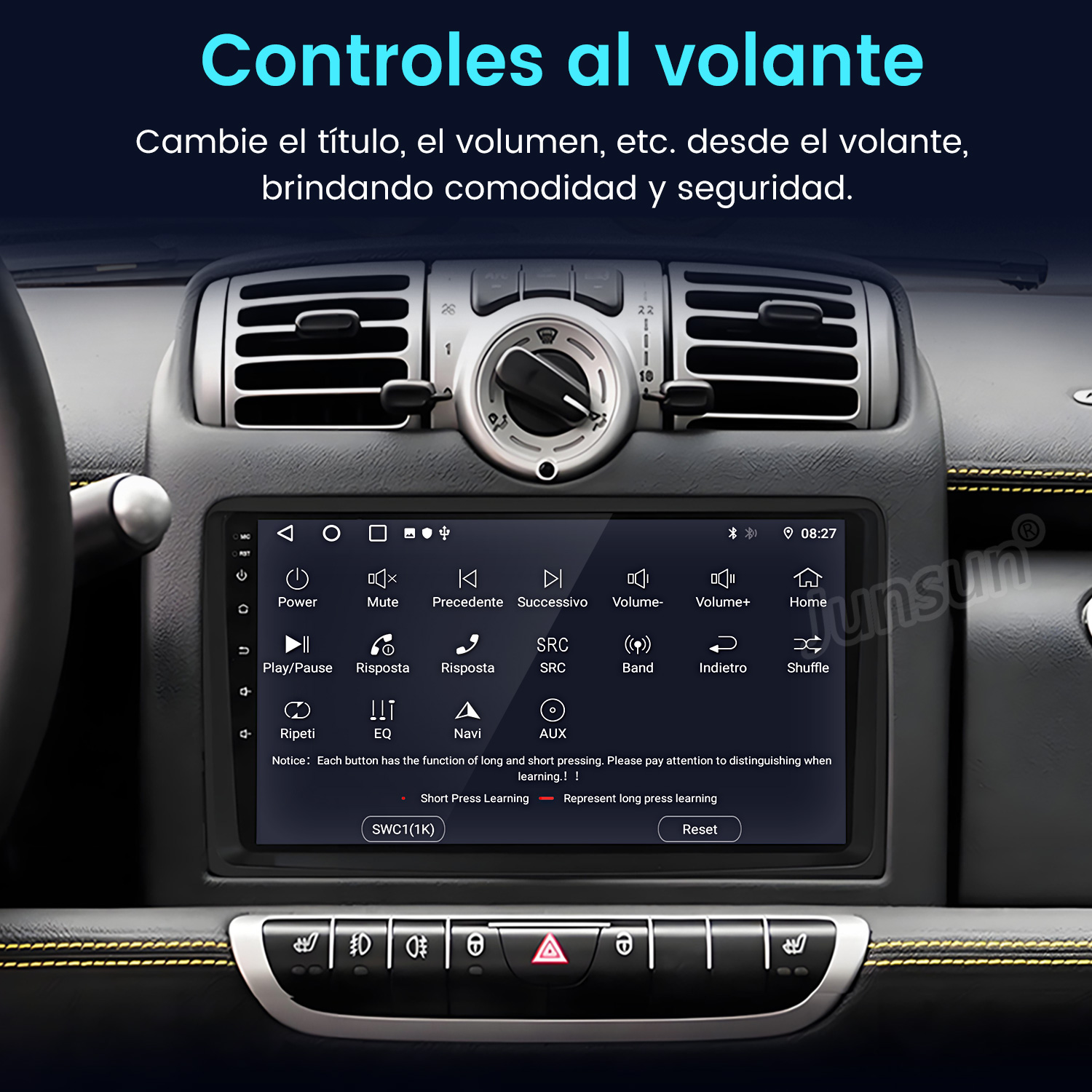Panel de control del coche con pantalla que muestra controles. El texto dice 'Controles al volante'.