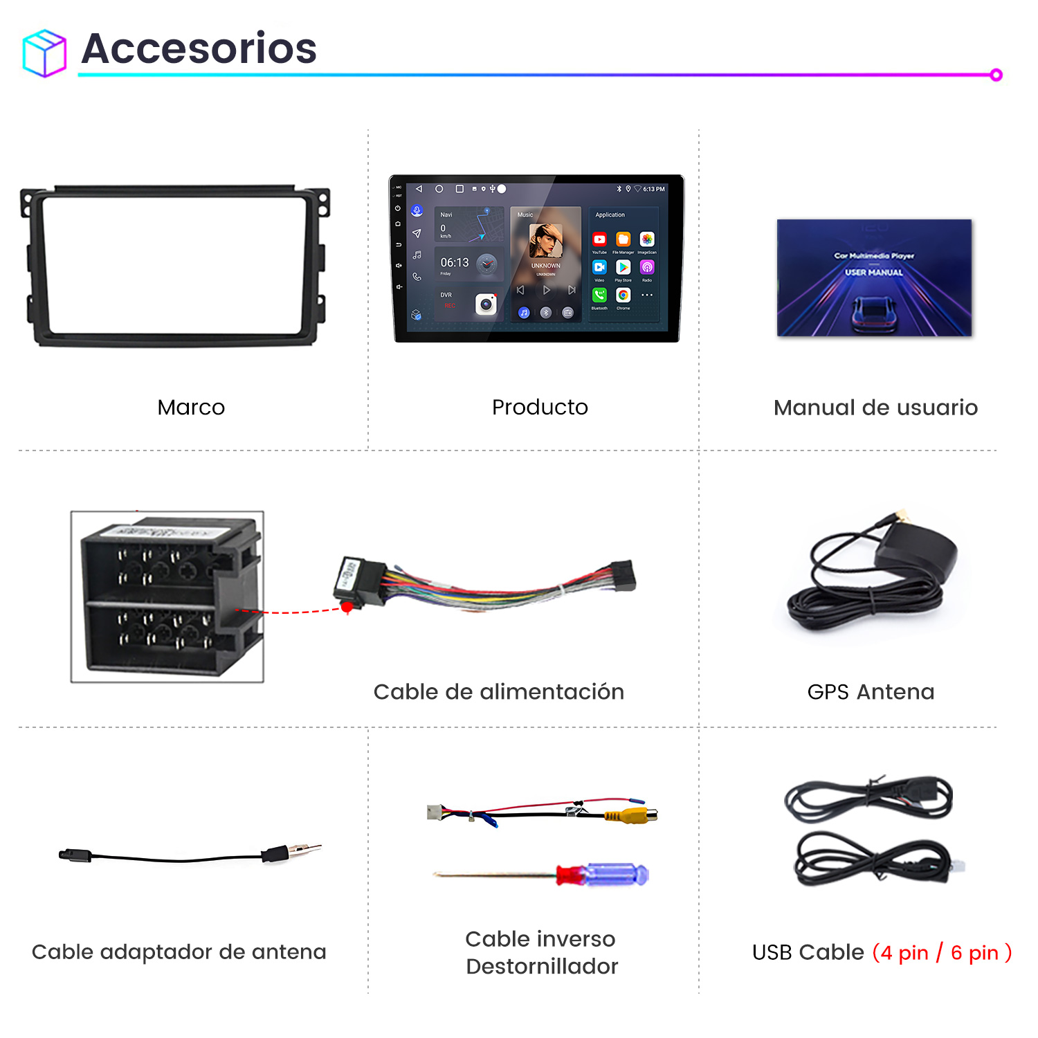 Accesorios multimedia para coche: marco, producto, manual de usuario, cable de alimentación, antena GPS, cable adaptador, cable inverso, destornillador, cable USB.