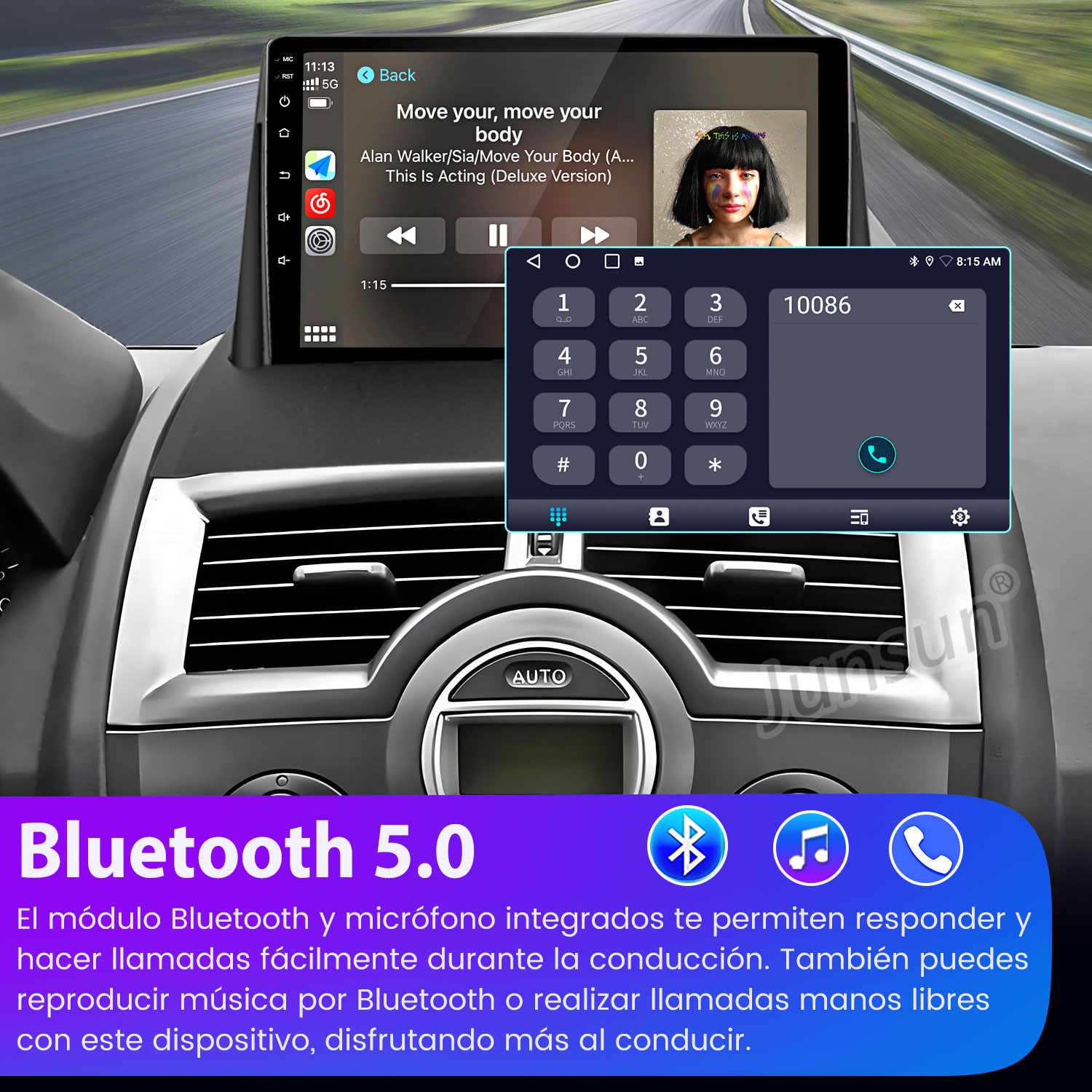 Panel del auto que muestra una pantalla con música y un marcador telefónico. Texto Bluetooth 5.0 abajo.