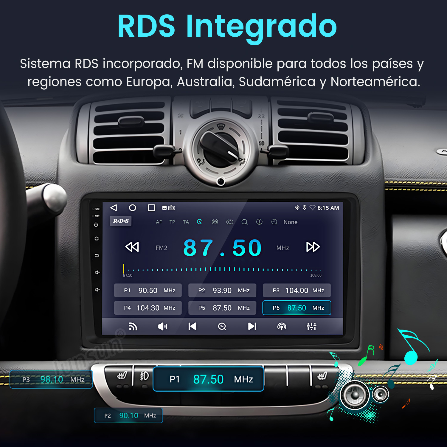 Pantalla de radio de coche mostrando frecuencia FM 87.50 MHz. Texto arriba dice RDS Integrado. Interior del coche visible.