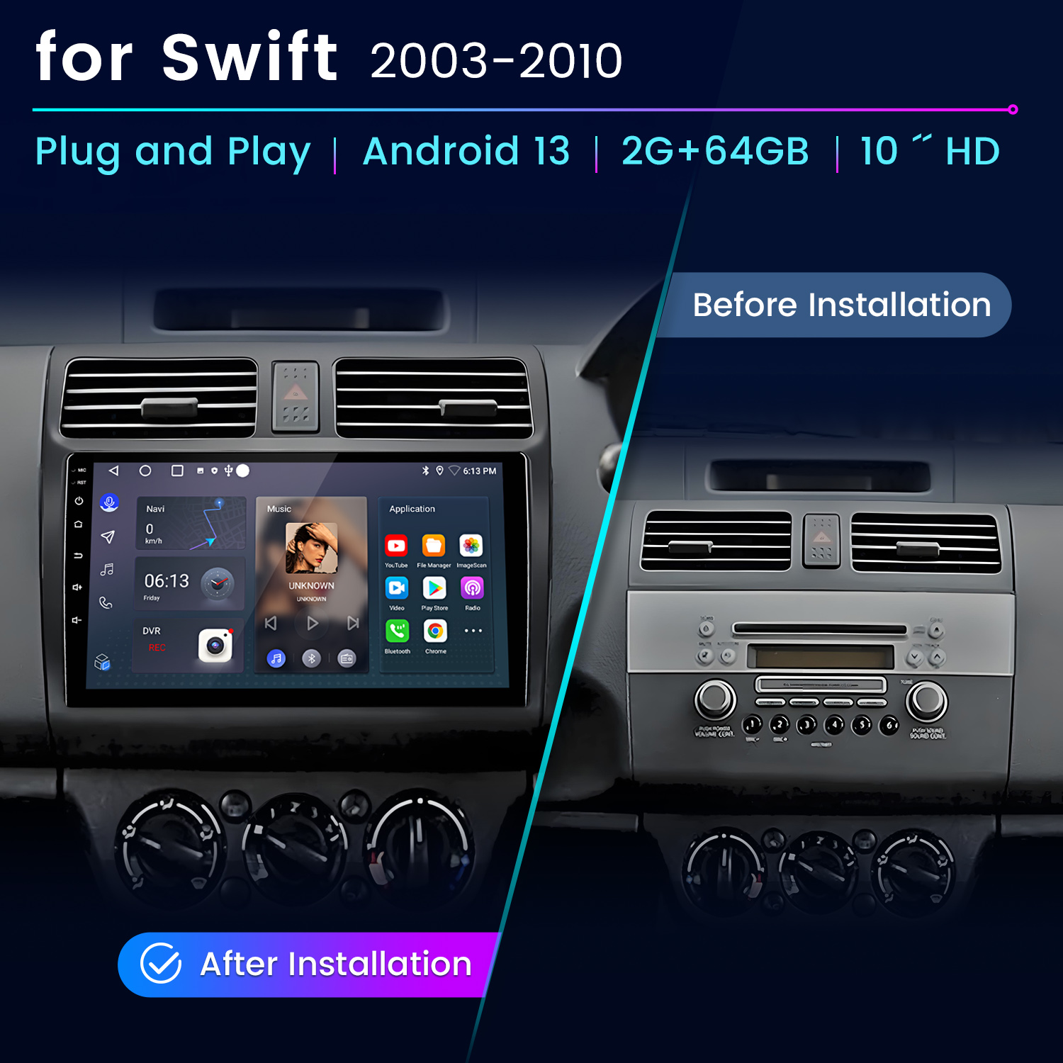 Comparación del salpicadero del coche: antes y después de instalar un nuevo sistema Android 13 con pantalla táctil.