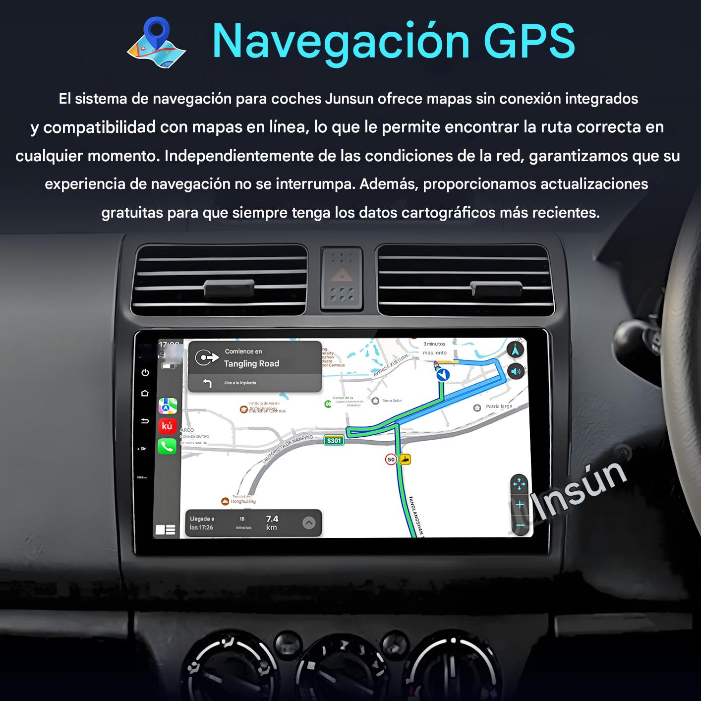 Pantalla de navegación del coche muestra un mapa con indicaciones de ruta. Texto: Navegación GPS.