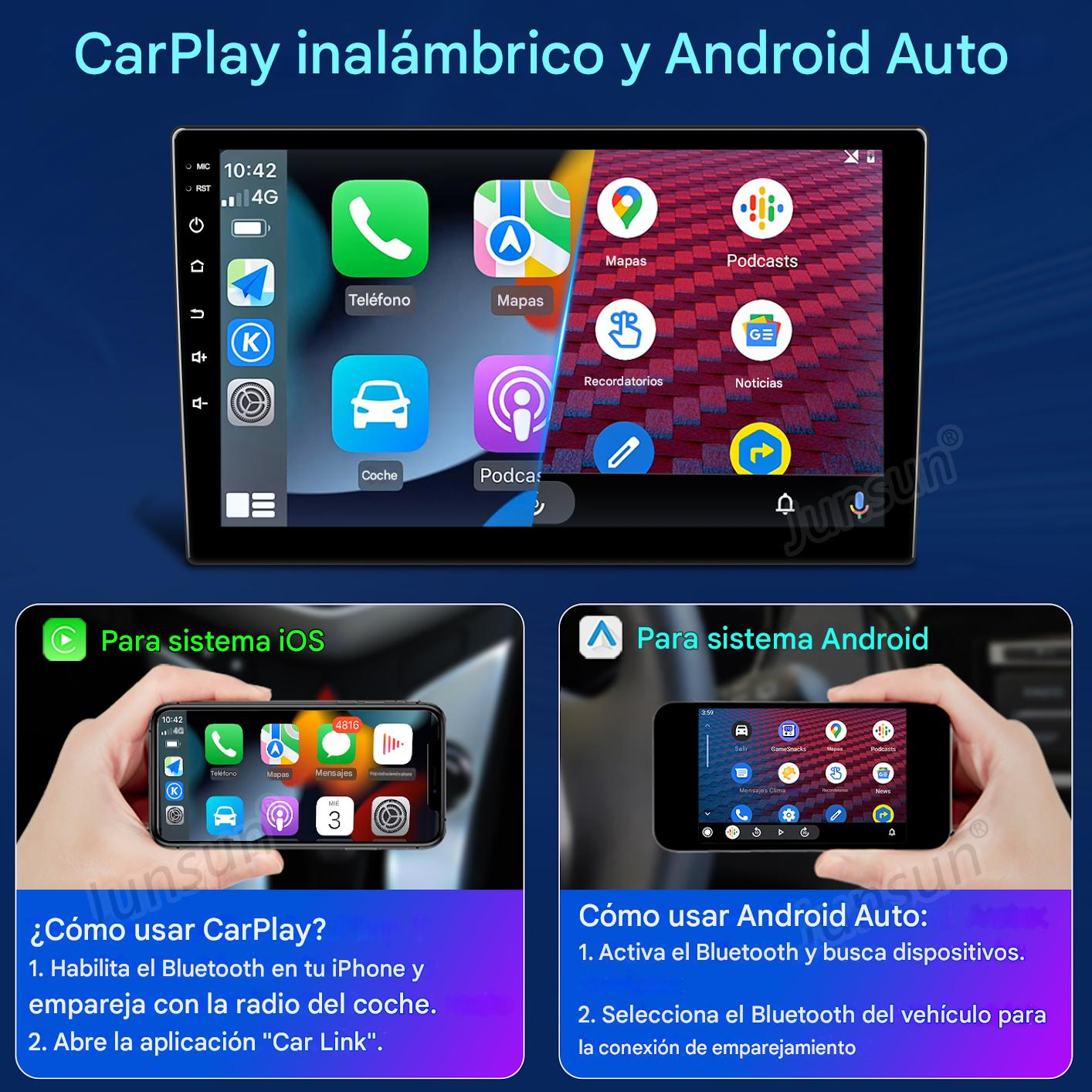 Un sistema de infoentretenimiento para automóviles muestra aplicaciones como Mapas y Podcasts. Dos teléfonos muestran interfaces iOS y Android, con pasos de configuración.