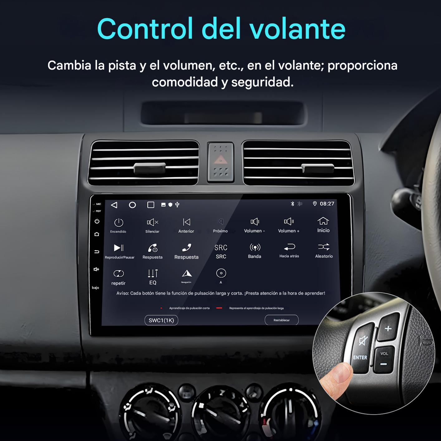 Pantalla de radio de coche con controles, una mano pulsando un botón y texto en español. El interior del coche es visible.