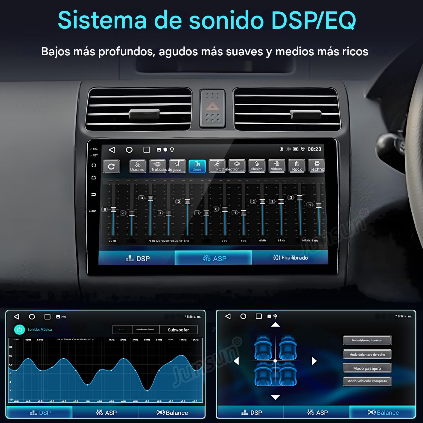 Interfaz del sistema de audio del coche que muestra ajustes del ecualizador, modos de sonido y hora. Controles táctiles con gráficos.