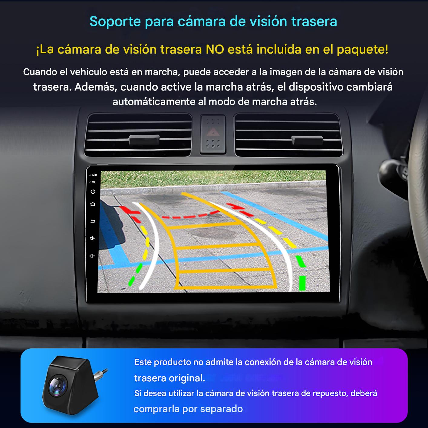Panel del automóvil mostrando la pantalla de la cámara de reversa. Texto en español describe la funcionalidad y características.