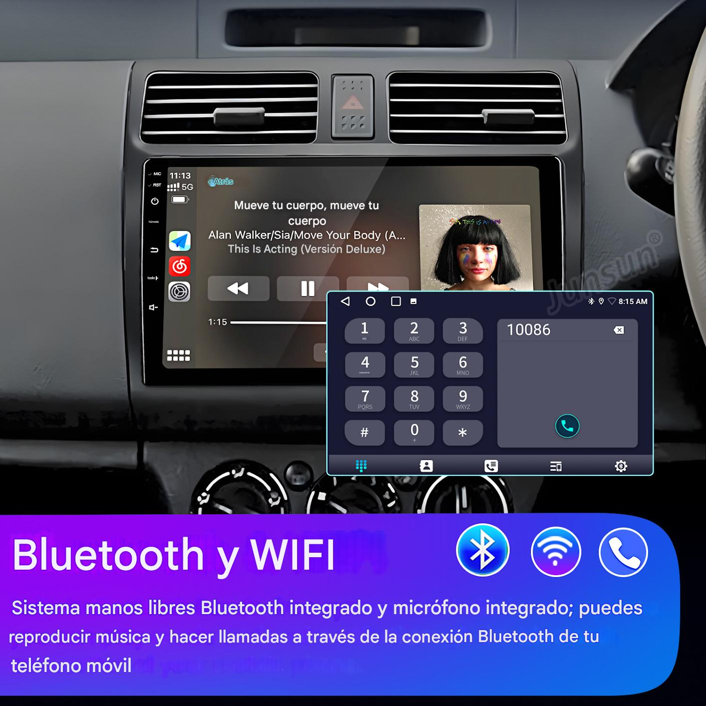 Radio de coche con pantalla que reproduce música. Teclado de marcación en la pantalla. Logotipos de Bluetooth y WiFi en la parte inferior.