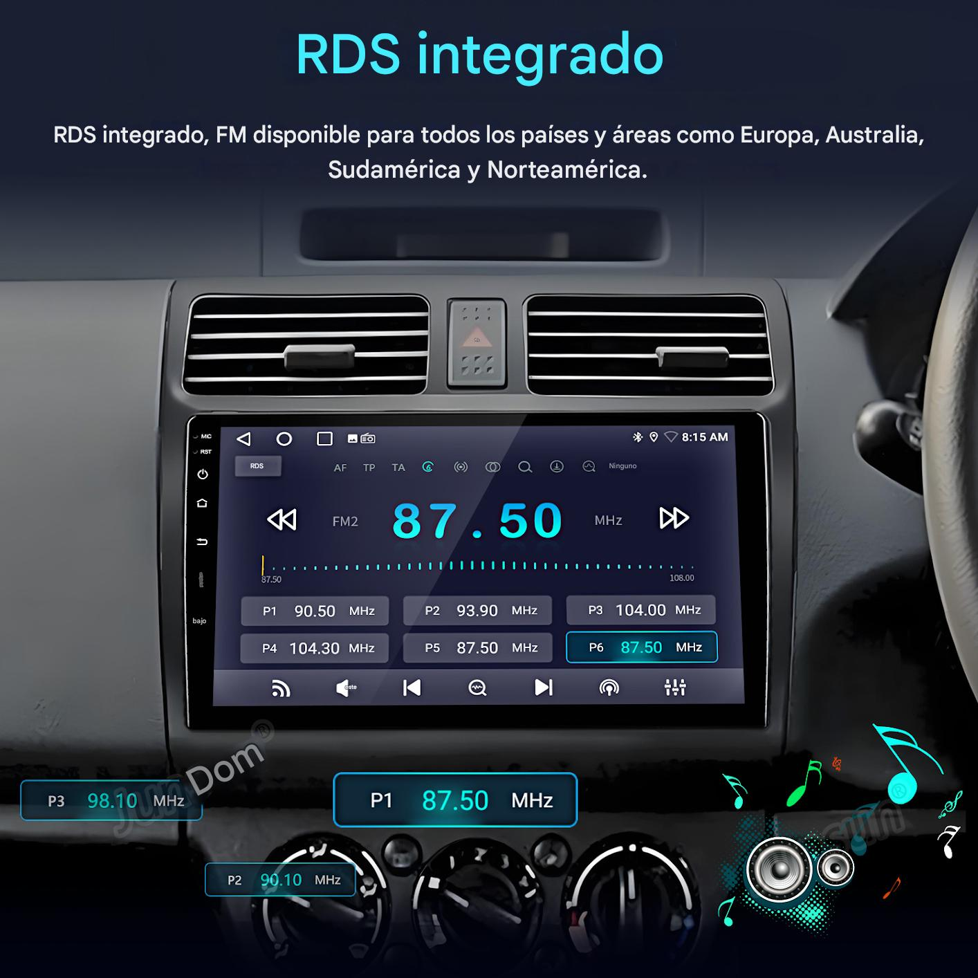 Pantalla de radio de coche que muestra la frecuencia FM 87.50 MHz, con preajustes de emisoras, rodeada de componentes interiores.