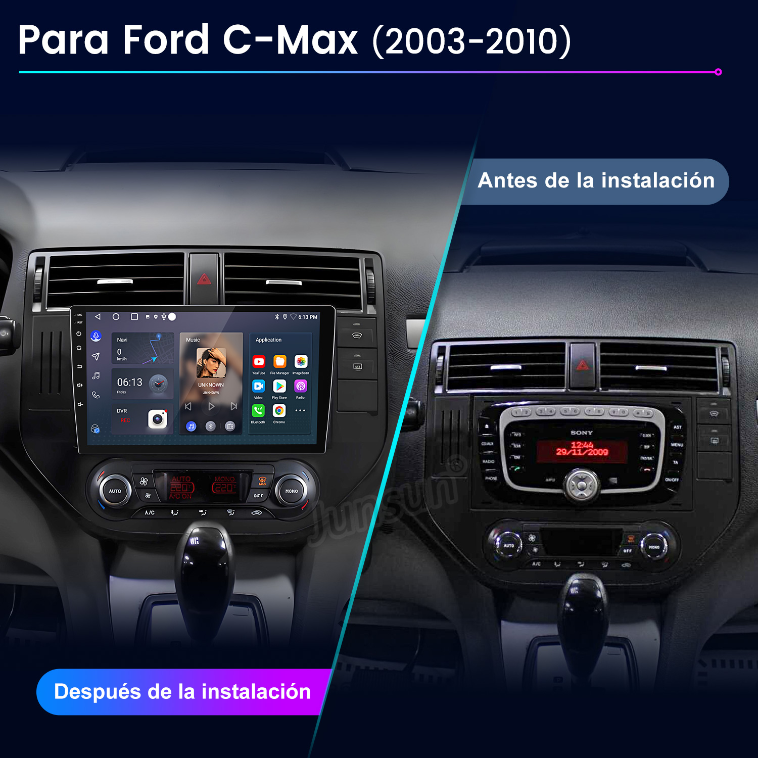 Comparación del salpicadero de un coche antes y después de instalar un nuevo sistema multimedia. Incluye modelo y año.