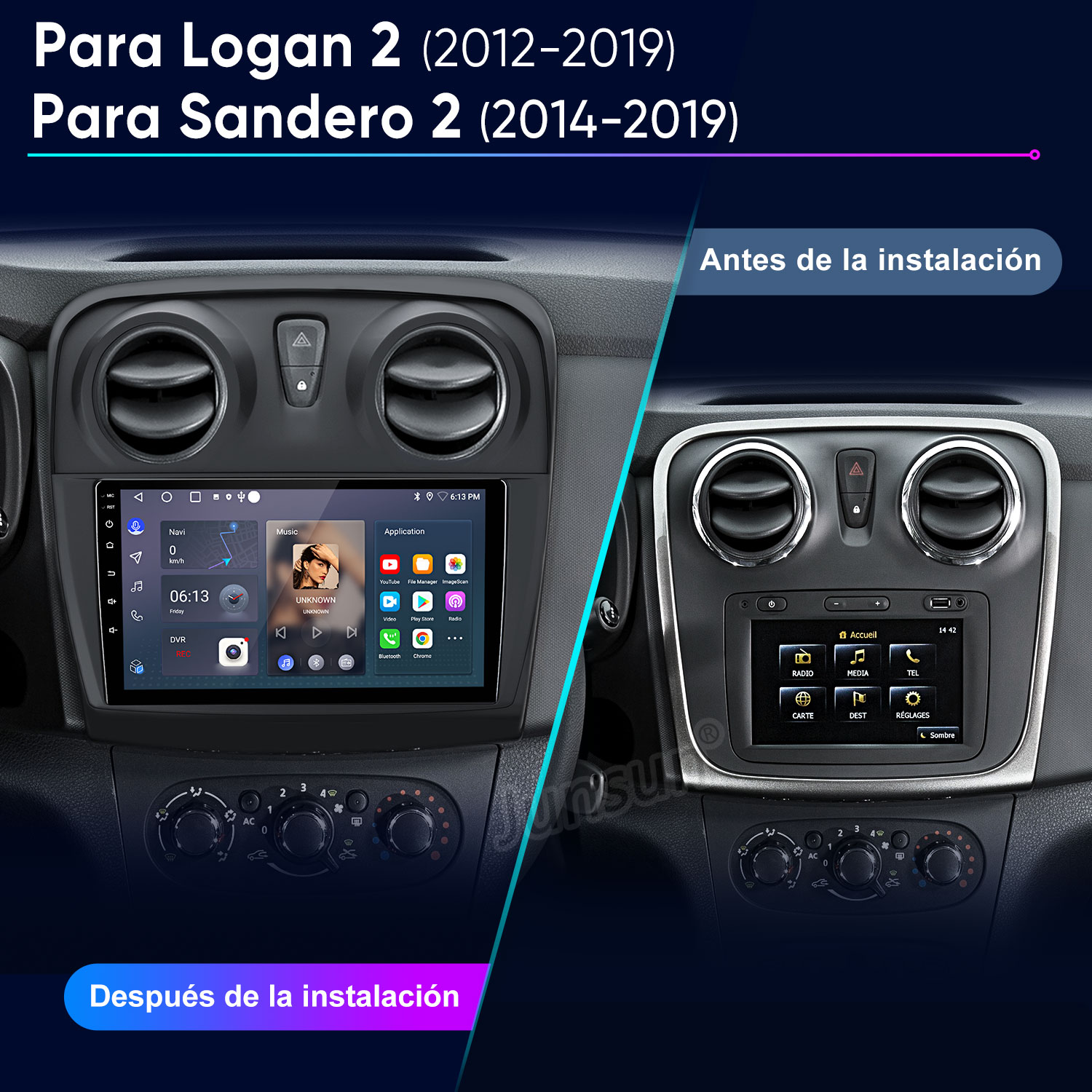 Comparación del salpicadero del coche antes y después de la instalación. Muestra aplicaciones de navegación y música en la pantalla.
