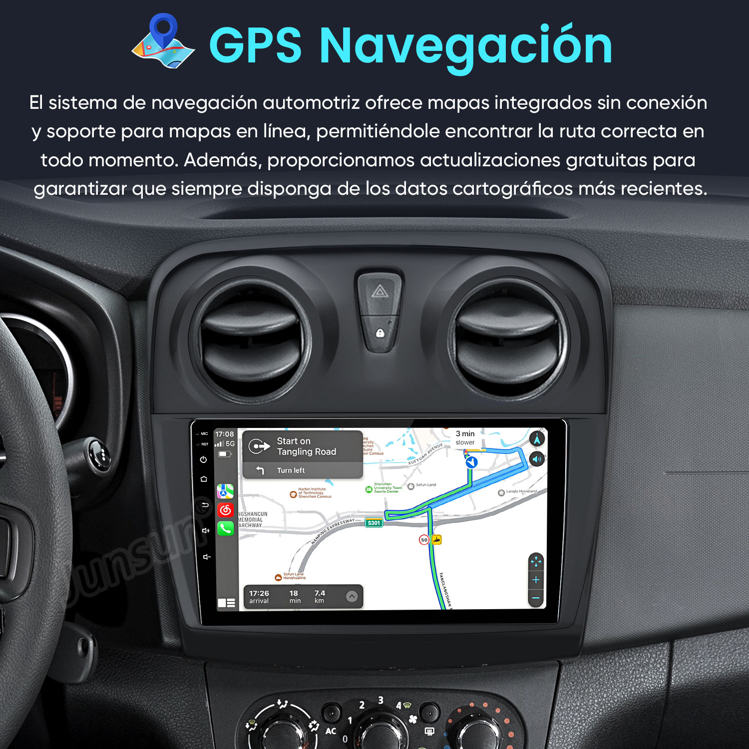 Panel del coche con pantalla de navegación GPS, mapa y direcciones.