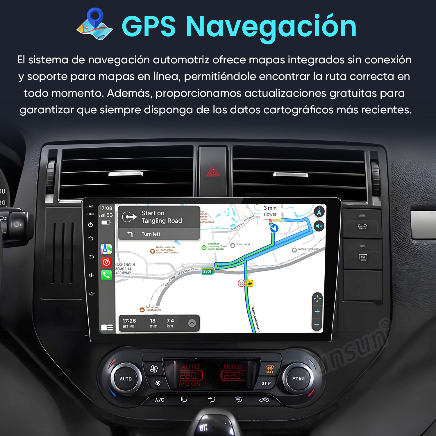 Tablero del coche con navegación GPS. La pantalla muestra un mapa con indicaciones de ruta y controles del coche abajo.