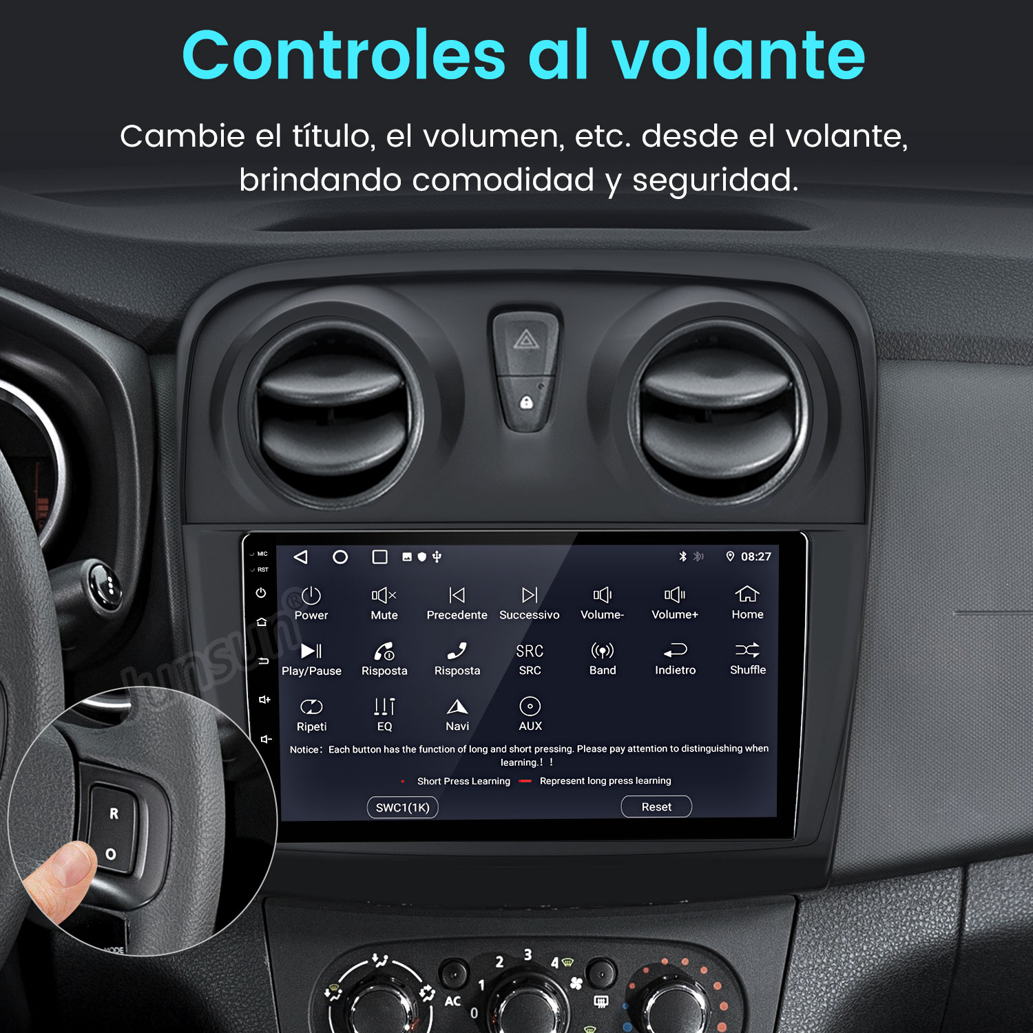 Tablero de coche con pantalla, botones, volante, rejillas de ventilación. Un dedo presiona un botón.