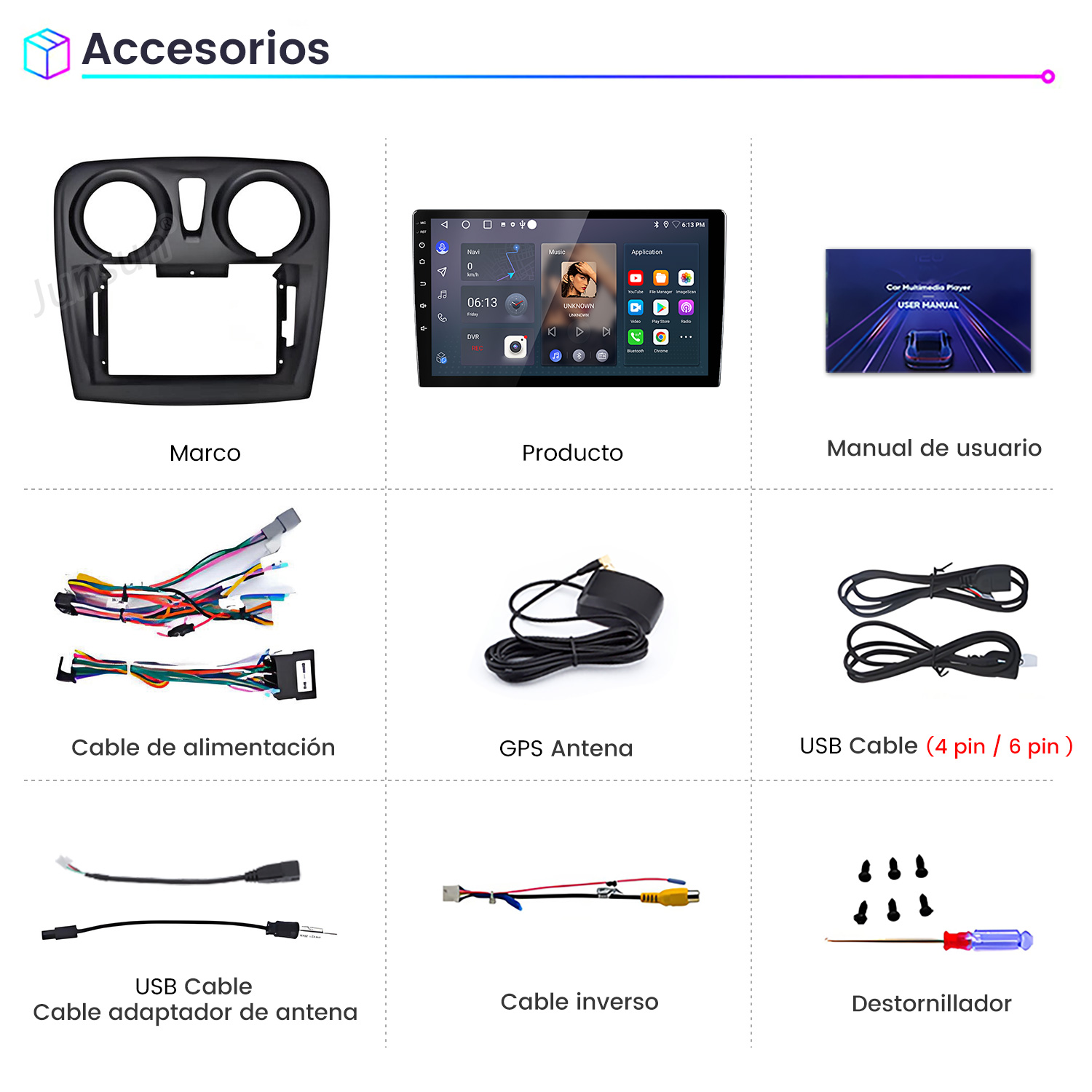 La imagen muestra accesorios para automóviles: un marco, una pantalla, un manual de usuario, cables, antena GPS, cables USB, cable inverso y un destornillador.