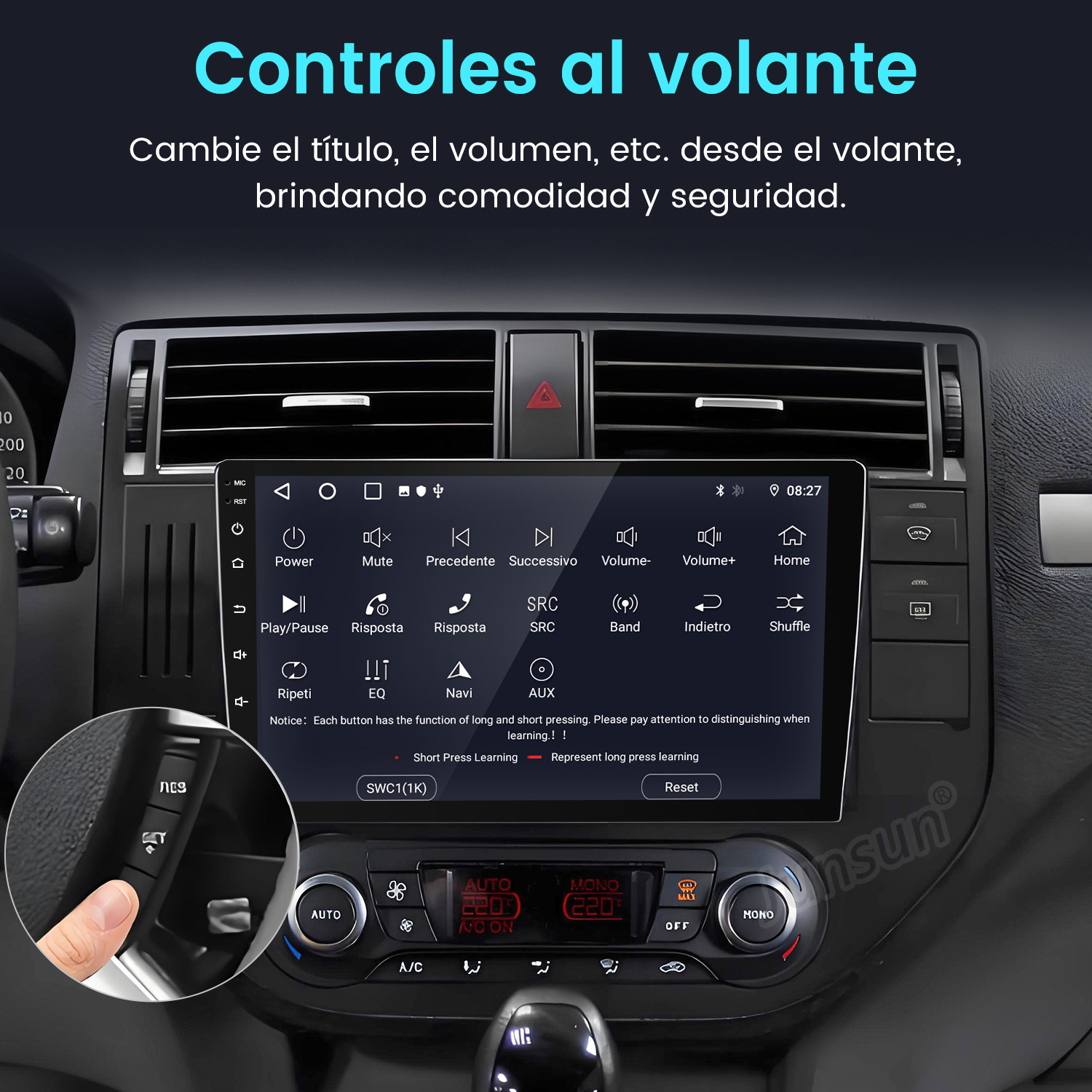 Panel del coche con pantalla táctil y botones. Un dedo pulsa un botón a la izquierda. La pantalla muestra ajustes y controles.